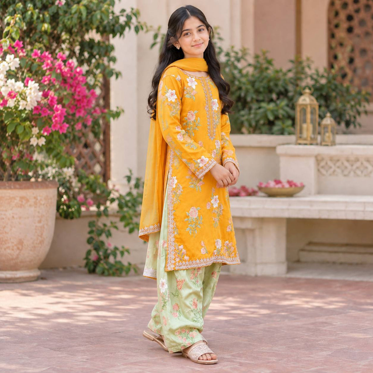Kesari-Embroidered Farshi-3 Piece Kids Set