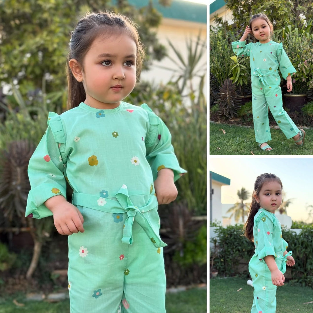 Cyan - Floral Print Kids Jumpsuit