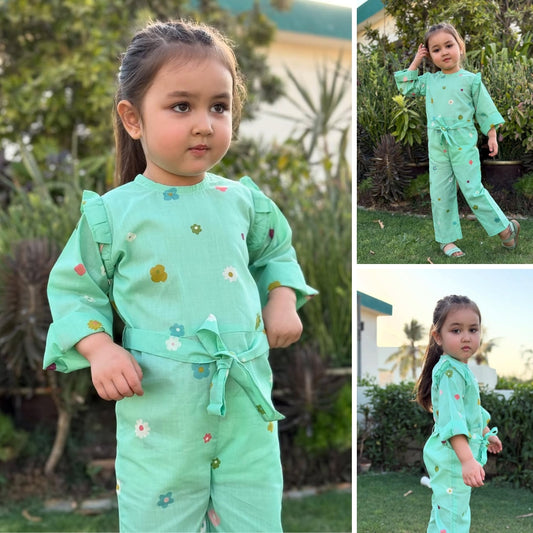 Cyan - Floral Print Kids Jumpsuit