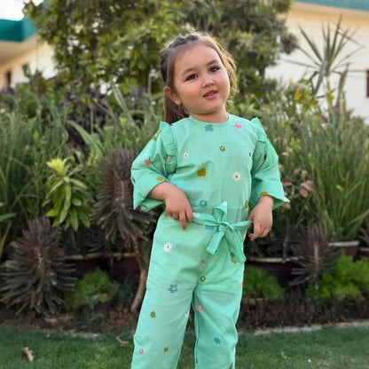 Cyan - Floral Print Kids Jumpsuit