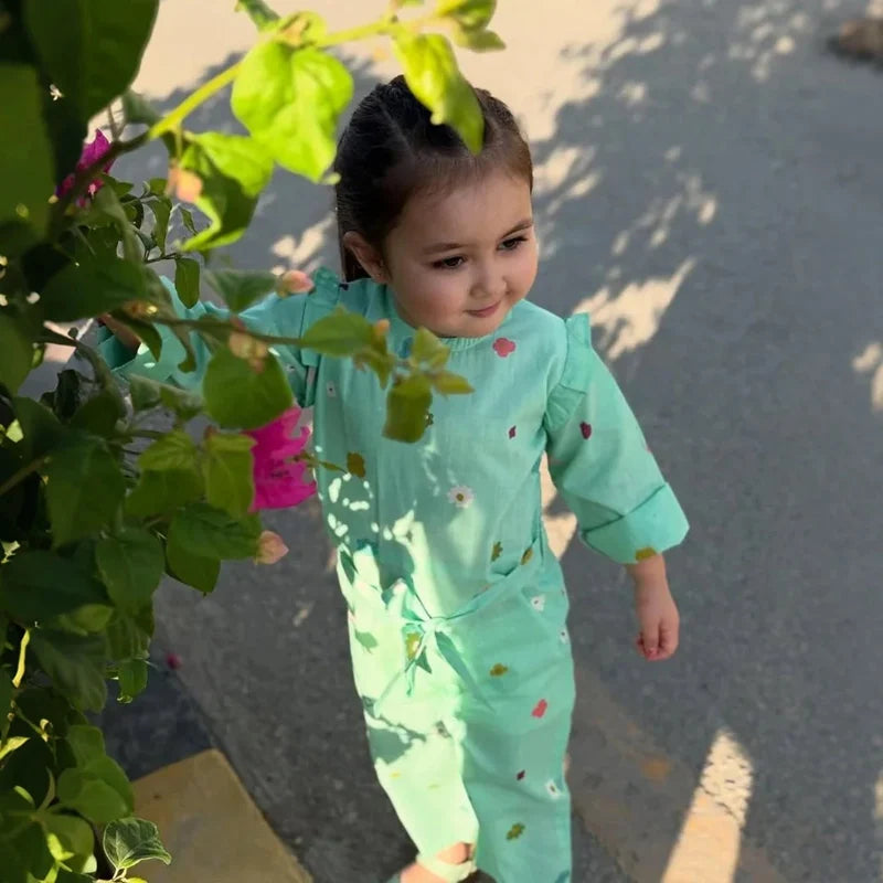 Cyan - Floral Print Kids Jumpsuit