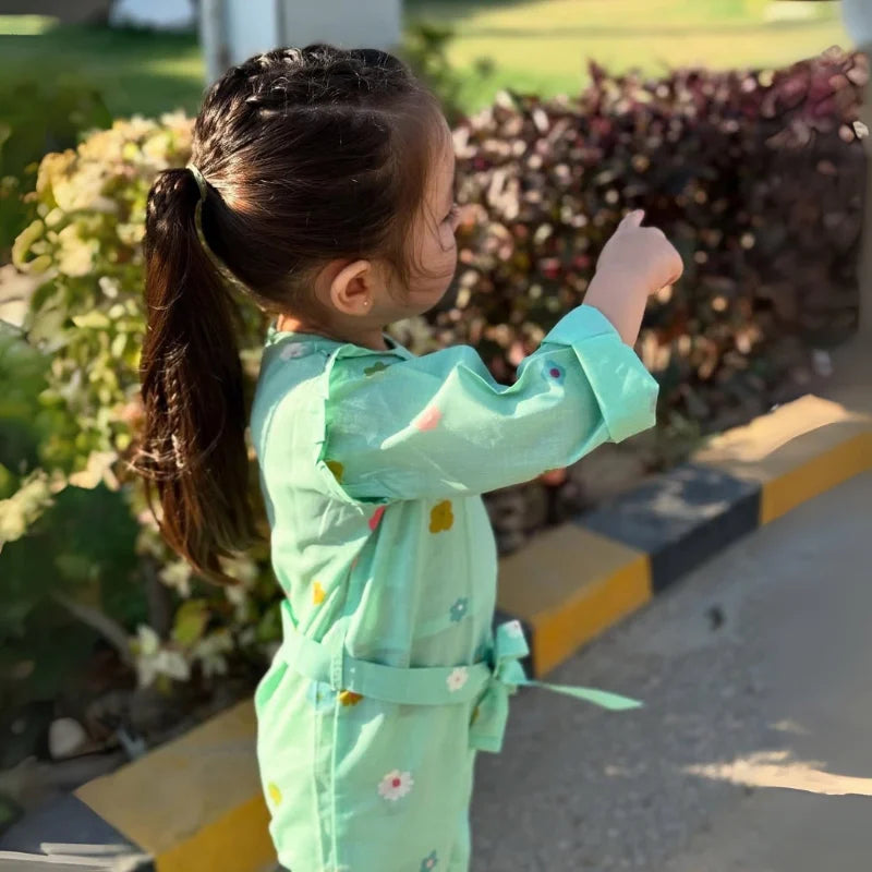 Cyan - Floral Print Kids Jumpsuit