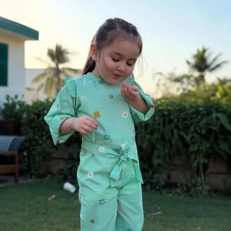 Cyan - Floral Print Kids Jumpsuit