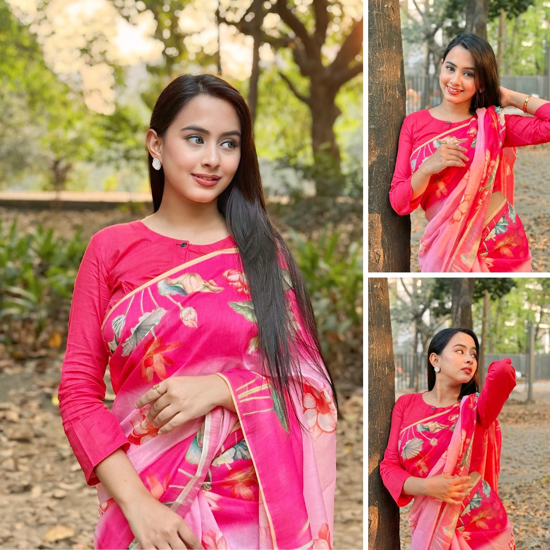 Kumudini - Floral Printed Synthetic Saree