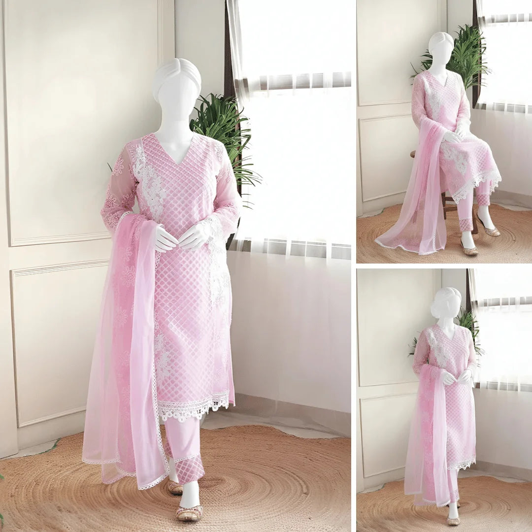 Raha - Pastel Pink Lace Detailing Suit Set