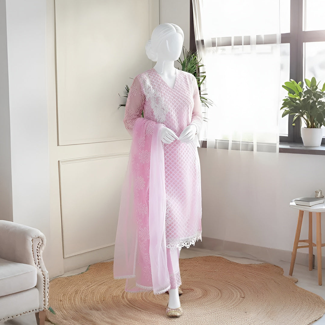 Raha - Pastel Pink Lace Detailing Suit Set