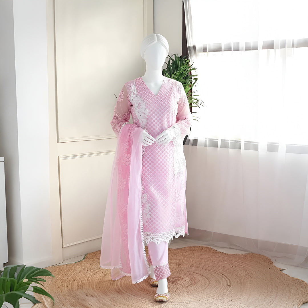 Raha - Pastel Pink Lace Detailing Suit Set
