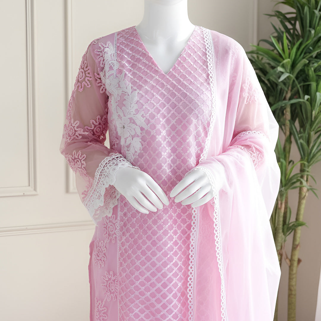 Raha - Pastel Pink Lace Detailing Suit Set