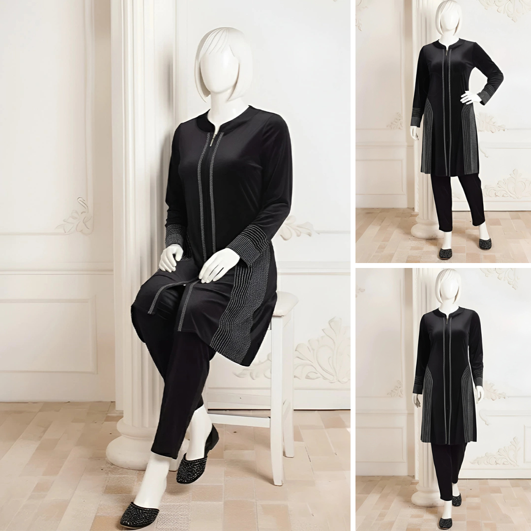 Black - Attractive Stone Work Velvet Co-Ord Set