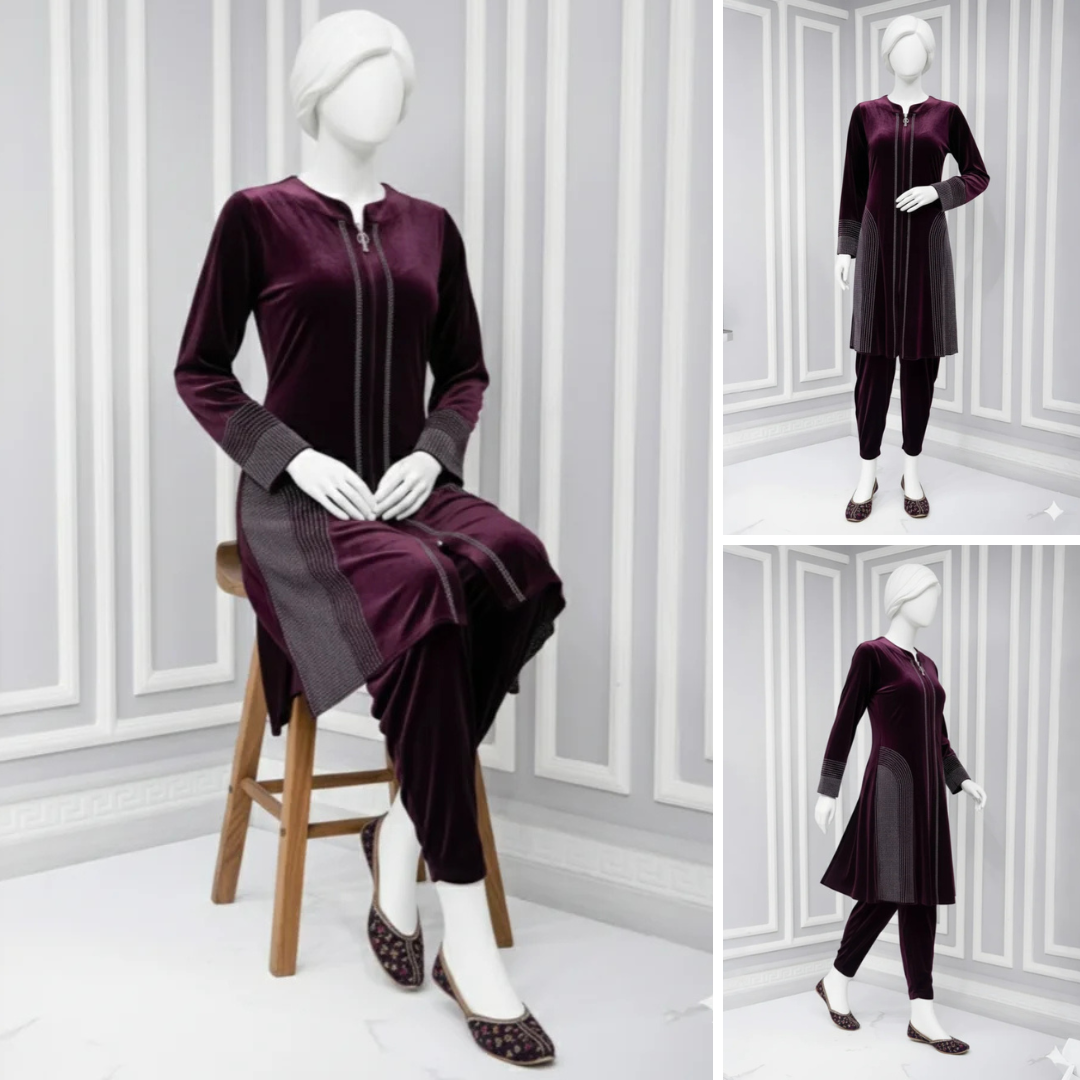 Wine - Attractive Stone Work Velvet Co-Ord Set
