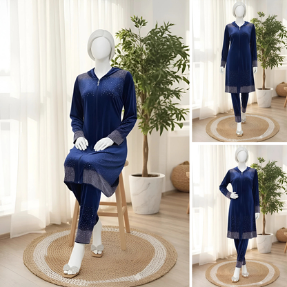Premium Blue Velvet Co-Ord with Stone Detailing