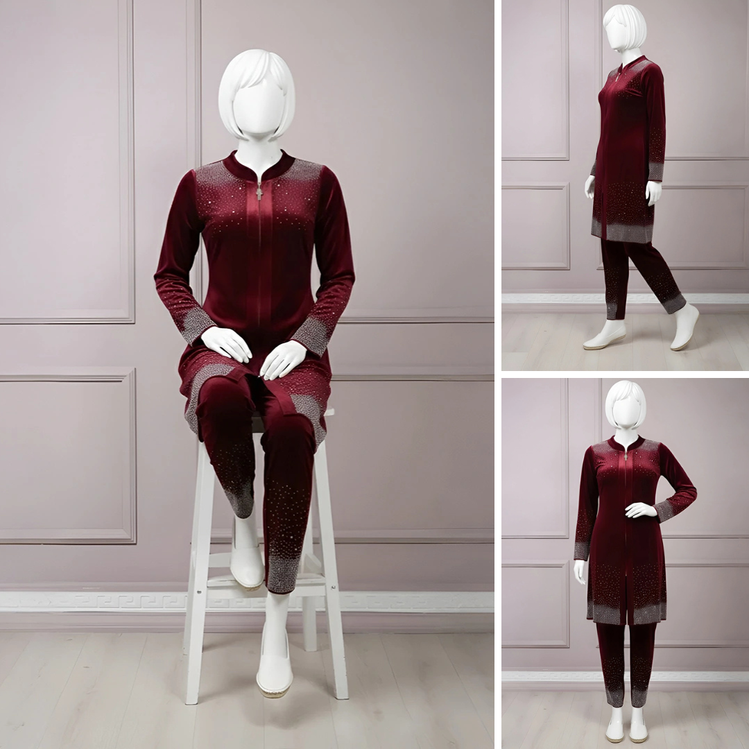 Premium Maroon Velvet Co-Ord with Stone Detailing