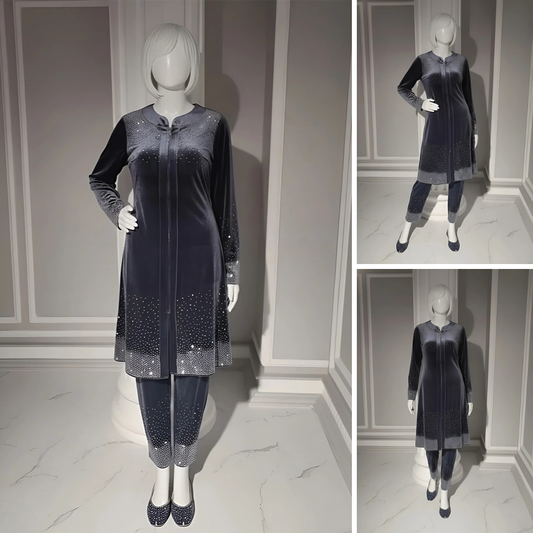 Premium Grey Velvet Co-Ord with Stone Detailing