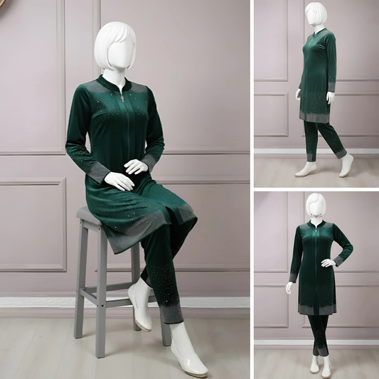Premium Sea Green Velvet Co-Ord with Stone Detailing