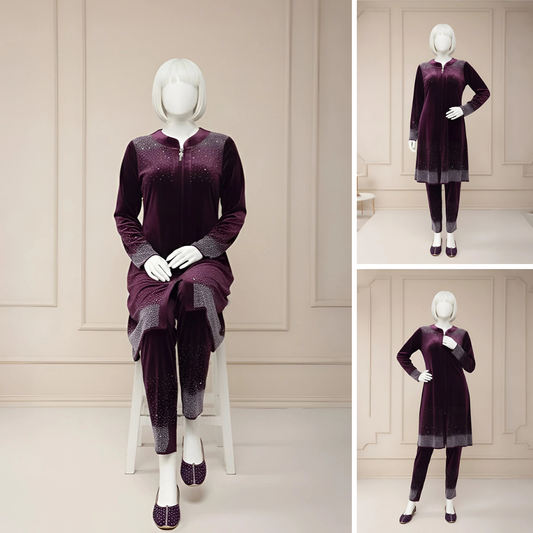 Premium Wine Velvet Co-Ord with Stone Detailing