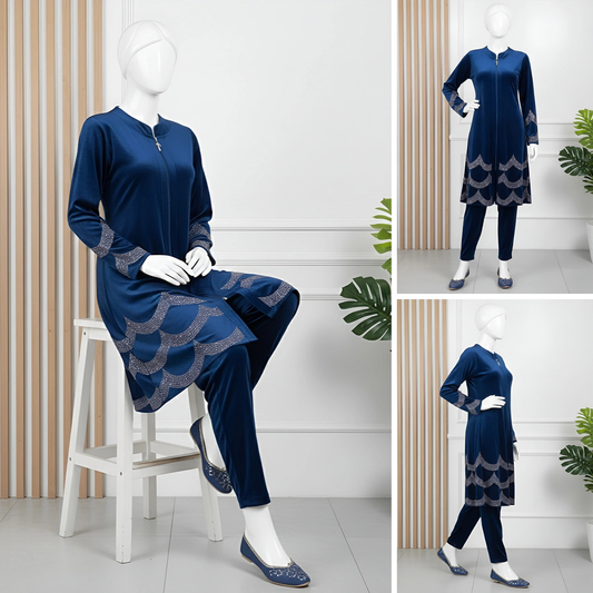 Blue - Velvet Co-Ord with Intricate Stone Work