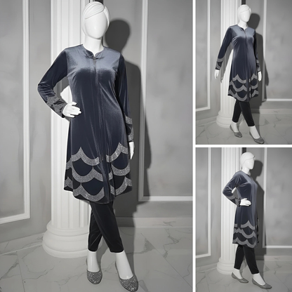 Grey - Velvet Co-Ord with Intricate Stone Work