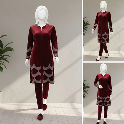 Maroon - Velvet Co-Ord with Intricate Stone Work