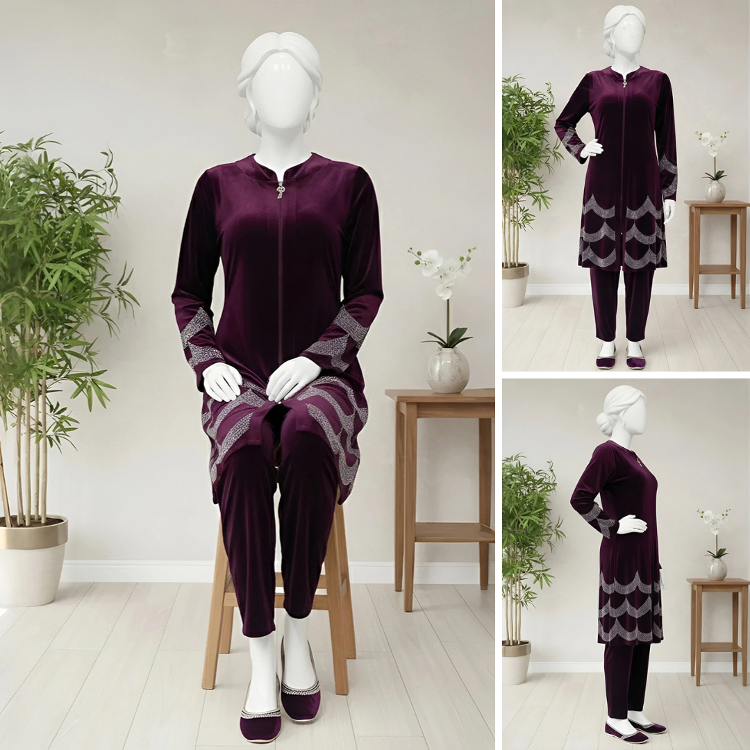 Wine - Velvet Co-Ord with Intricate Stone Work