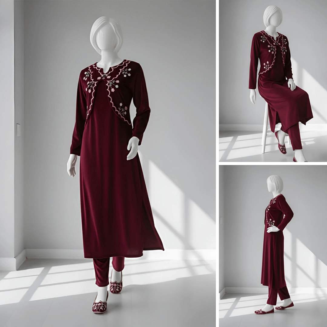 Maroon - Half Jacket Velvet Co-Ord Set