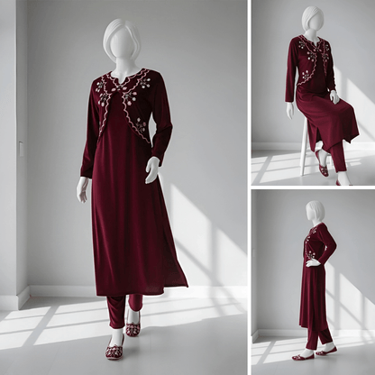 Maroon - Half Jacket Velvet Co-Ord Set