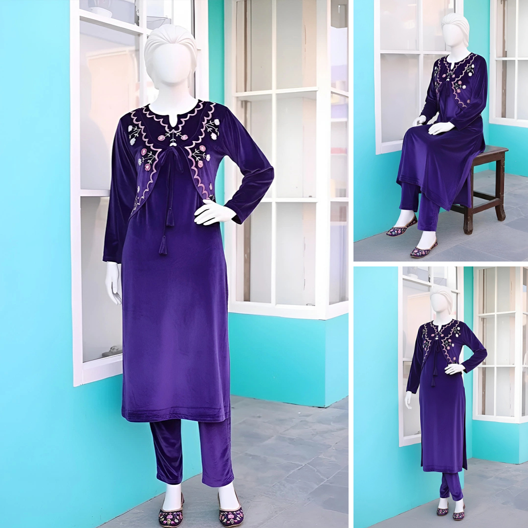 Purple - Half Jacket Velvet Co-Ord Set