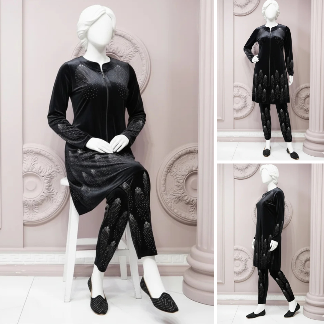 Black - Velvet Co-Ord Set with Stone Detailing