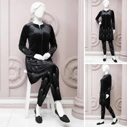 Black - Velvet Co-Ord Set with Stone Detailing