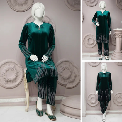Sea Green - Velvet Co-Ord Set with Stone Detailing