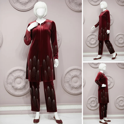 Maroon - Velvet Co-Ord Set with Stone Detailing