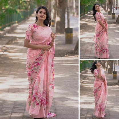 Exquisite Floral Printed Pink Sharee