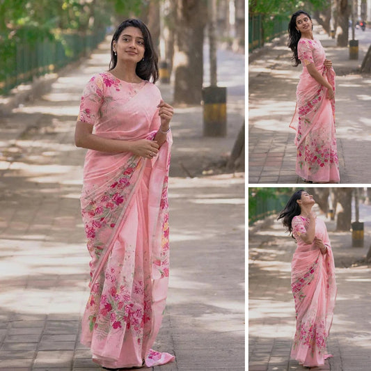 Exquisite Floral Printed Pink Sharee