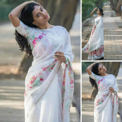 Exquisite Floral Printed White Sharee