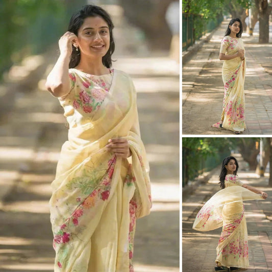 Exquisite Floral Printed White Sharee