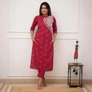 Lakhnavi Embroidered Detailing Red Cotton Co-ord Suit