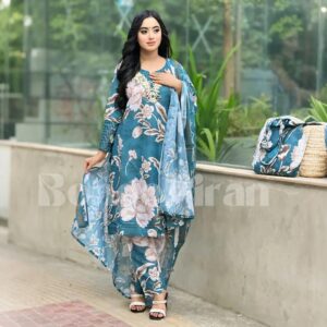 Blue Floral Suit Set with Matching Handbag